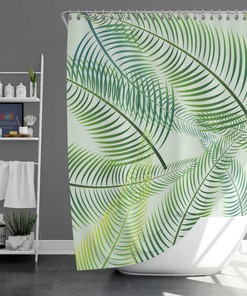 Botanical Palm Trees Shower Curtain | Green Leaves Print Fabric | Bathroom Accessories