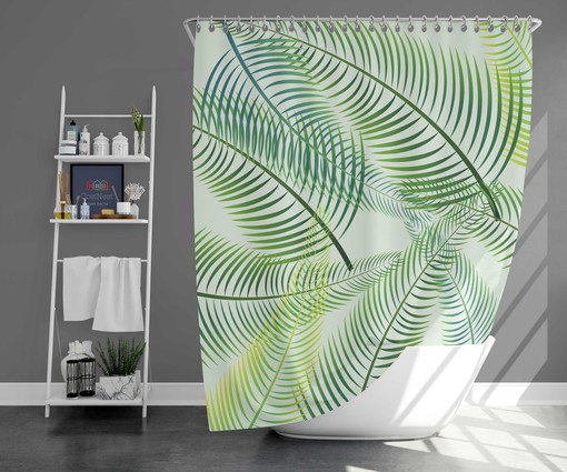 Botanical Palm Trees Shower Curtain | Green Leaves Print Fabric | Bathroom Accessories
