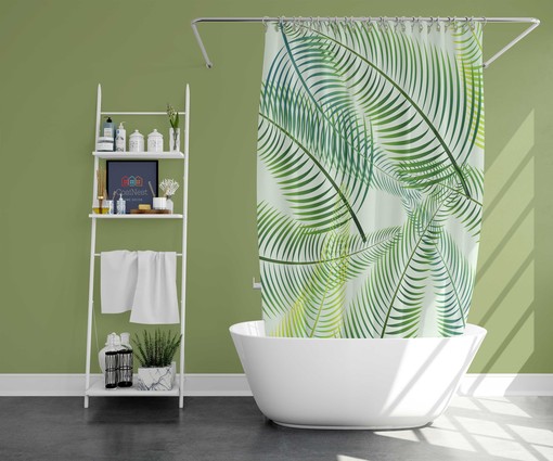 Botanical Palm Trees Shower Curtain | Green Leaves Print Fabric | Bathroom Accessories - Image 2