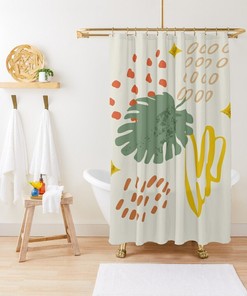 Botanical Shower Curtain Plant Leaves | Houseplant Curtain Set + Hooks | Bathroom Decor + Quotes
