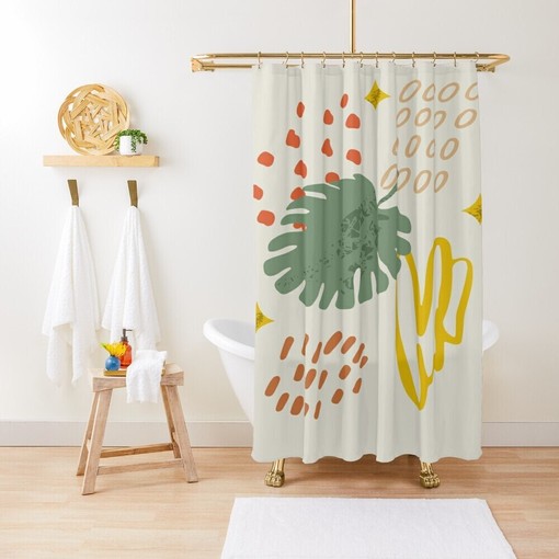 Botanical Shower Curtain Plant Leaves | Houseplant Curtain Set + Hooks | Bathroom Decor + Quotes