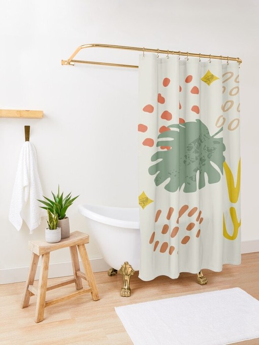 Botanical Shower Curtain Plant Leaves | Houseplant Curtain Set + Hooks | Bathroom Decor + Quotes - Image 2