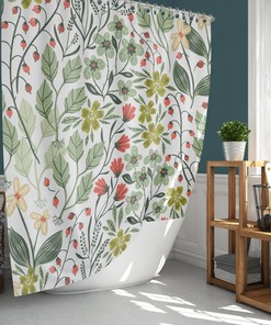 Botanical Summer Berries Shower Curtain | Green Leaves Flower Garden Print | Waterproof Fabric Bathroom Decor
