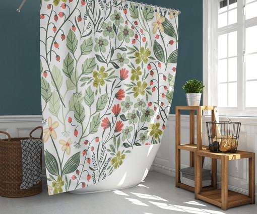 Botanical Summer Berries Shower Curtain | Green Leaves Flower Garden Print | Waterproof Fabric Bathroom Decor