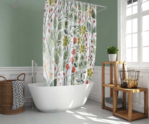 Botanical Summer Berries Shower Curtain | Green Leaves Flower Garden Print | Waterproof Fabric Bathroom Decor - Image 2