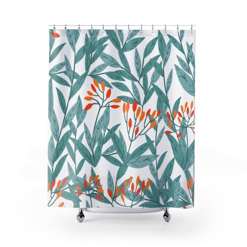 Botanical Summer Leaves Shower Curtain | Large 71-inch Curtain | Greenery Pattern | Watercolor Bath Curtain