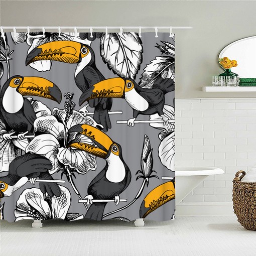 Botanical Toucan Shower Curtain, Wild Flower Wildlife Forest Fabric Bathroom Curtain