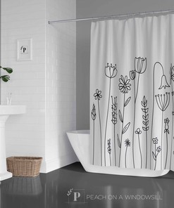 Botanical Wildflowers Shower Curtain with Black and White Bohemian Design