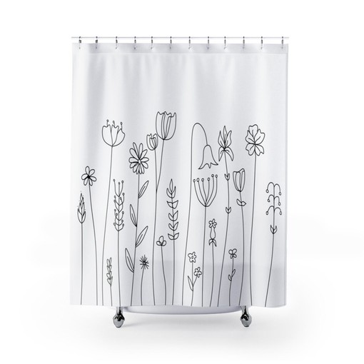 Botanical Wildflowers Shower Curtain with Black and White Bohemian Design - Image 3