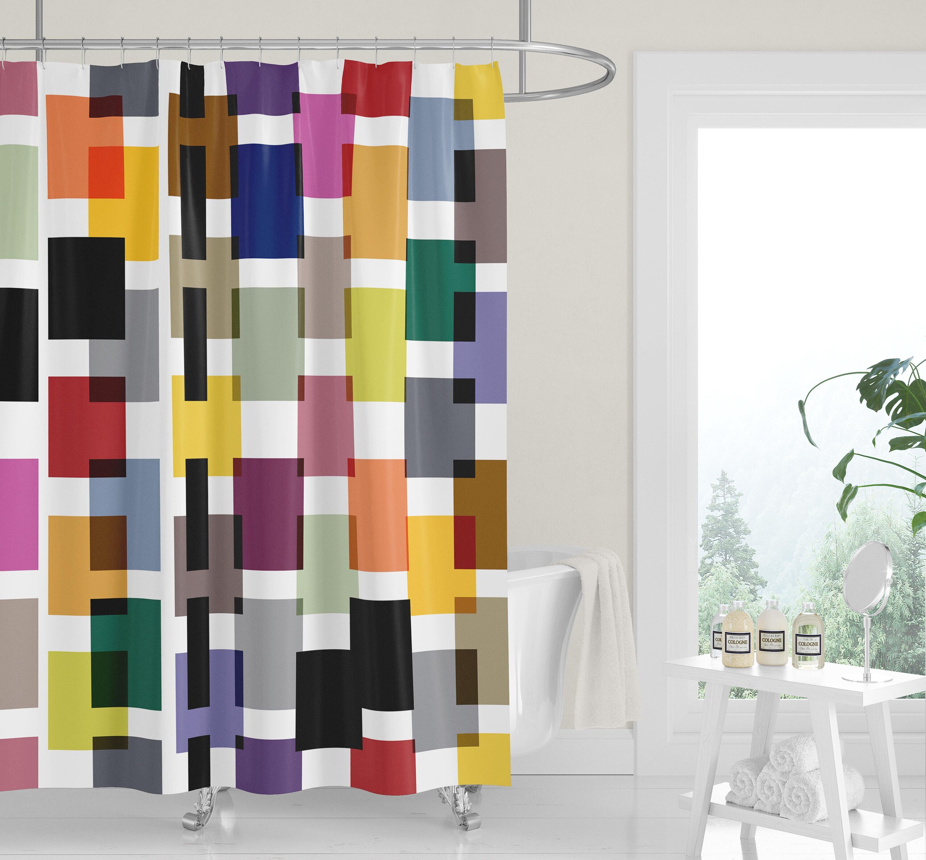 Bright Colorful Mid-Century Color Block Squares Shower Curtain for Fun Bathroom Decor