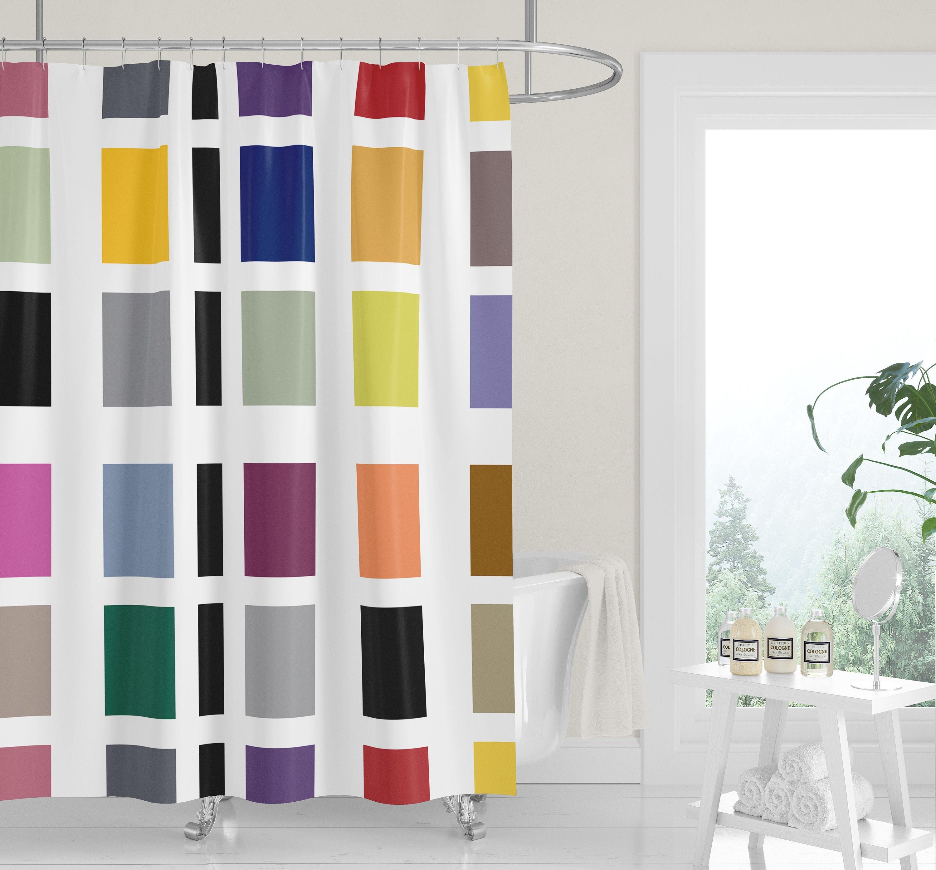 Bright Colorful Mid-Century Color Block Squares Shower Curtain for Fun Bathroom Decor - Image 2