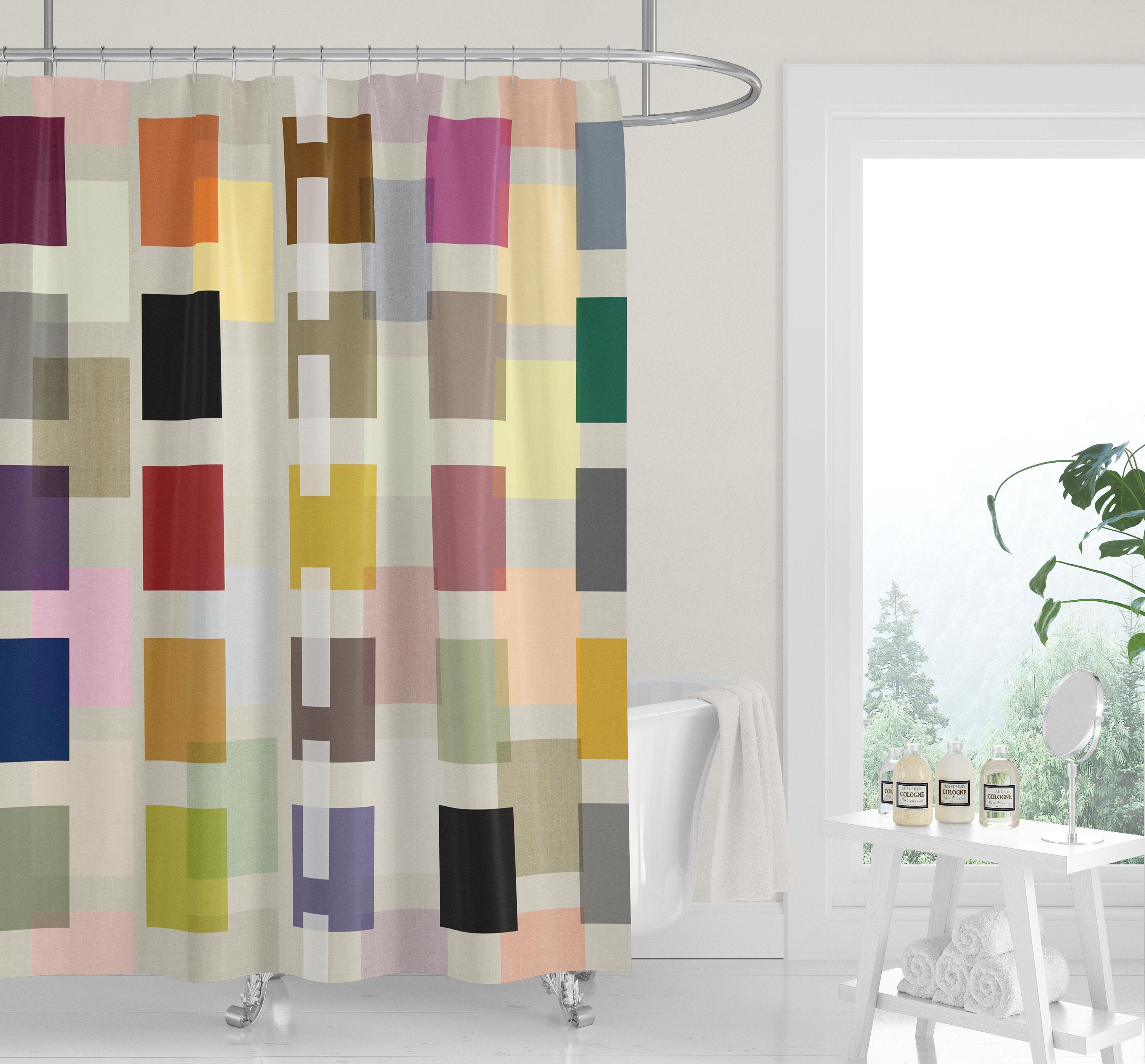 Bright Colorful Mid-Century Color Block Squares Shower Curtain for Fun Bathroom Decor - Image 3