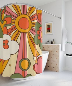 Bright Retro Sunshine Shower Curtain in Orange and Yellow