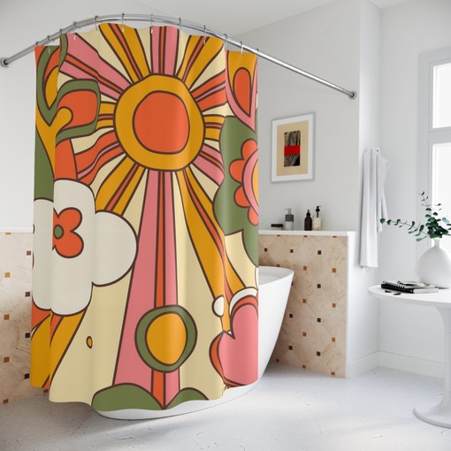 Bright Retro Sunshine Shower Curtain in Orange and Yellow