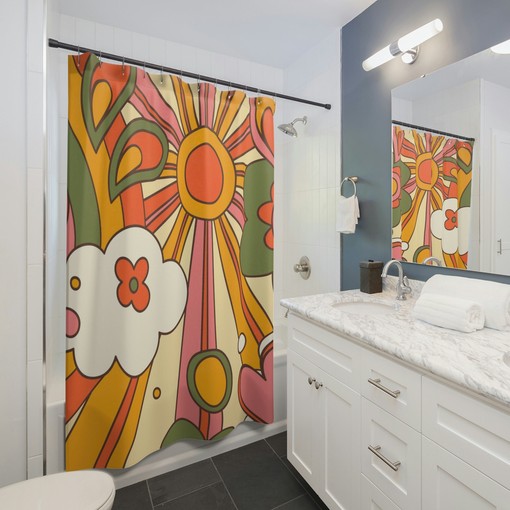 Bright Retro Sunshine Shower Curtain in Orange and Yellow - Image 2