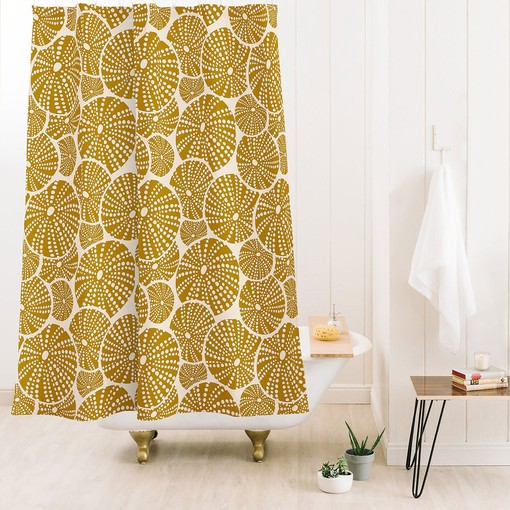 Bright Yellow Nautical Shower Curtain with Sea Urchin Design for Fun Coastal Bathroom