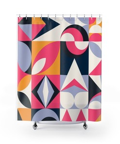Bright and Playful Pink, Blue, Mustard Yellow, Ice Gray, and White Mid Century Modern Retro Shower Curtain