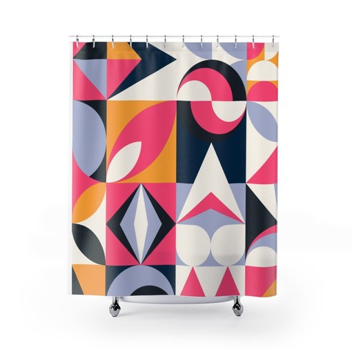 Bright and Playful Pink, Blue, Mustard Yellow, Ice Gray, and White Mid Century Modern Retro Shower Curtain