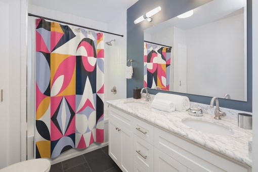Bright and Playful Pink, Blue, Mustard Yellow, Ice Gray, and White Mid Century Modern Retro Shower Curtain - Image 2