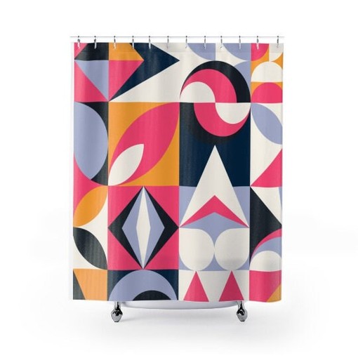 Bright and Playful Pink, Blue, Mustard Yellow, Ice Gray, and White Mid Century Modern Retro Shower Curtain - Image 3