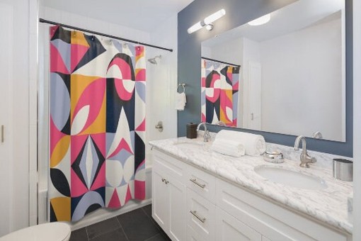 Bright and Playful Pink, Blue, Mustard Yellow, Ice Gray, and White Mid Century Modern Retro Shower Curtain - Image 4
