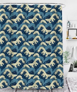 Bring a Piece of Japan Home with Blue Ocean Waves Shower Curtain, Japanese Themed Marine Bathroom Curtain