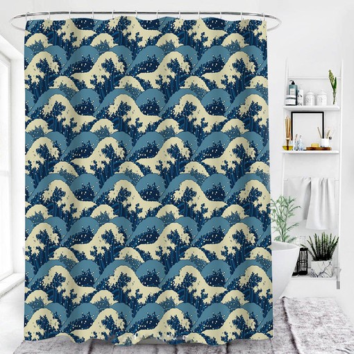 Bring a Piece of Japan Home with Blue Ocean Waves Shower Curtain, Japanese Themed Marine Bathroom Curtain