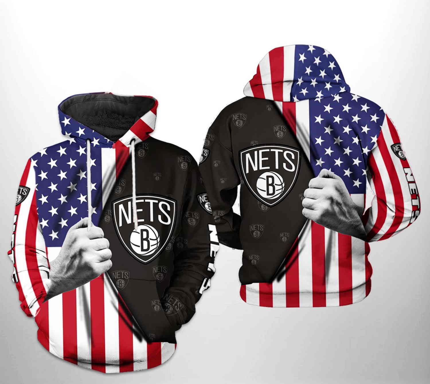 Brooklyn Nets NBA All Over Print 3D Hoodie in Team Colors with US Flag Logo