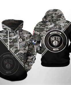 Brooklyn Nets NBA Camo All Over Print 3D Hoodie featuring US Flag