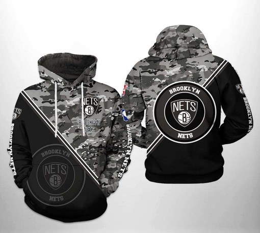 Brooklyn Nets NBA Camo All Over Print 3D Hoodie featuring US Flag