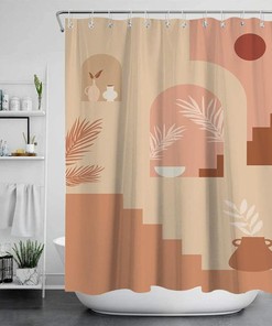 Brown and Pink Earth Colors Terracotta-inspired Vase and Palm Leaves Boho Shower Curtain