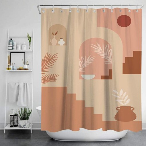 Brown and Pink Earth Colors Terracotta-inspired Vase and Palm Leaves Boho Shower Curtain