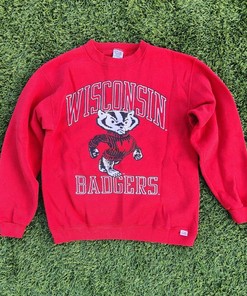 Bucky Football Team Sweatshirt: Vintage Wisconsin Badgers Red Sweater - Retro NCAA Clothing