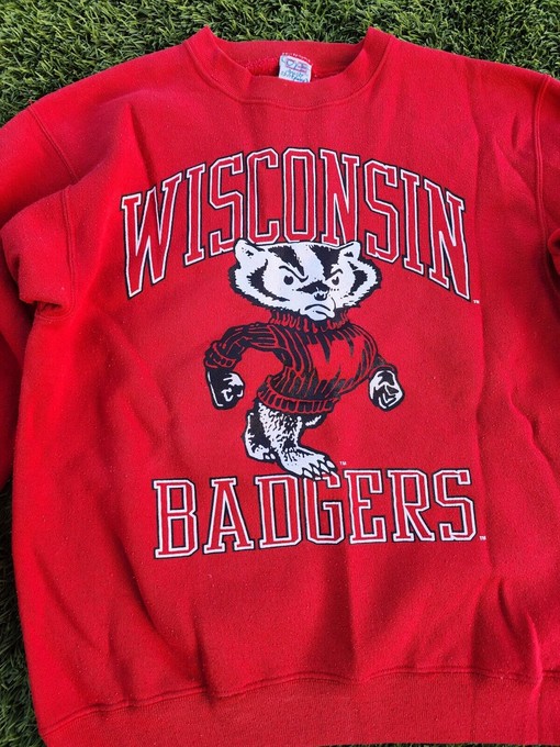 Bucky Football Team Sweatshirt: Vintage Wisconsin Badgers Red Sweater - Retro NCAA Clothing - Image 2