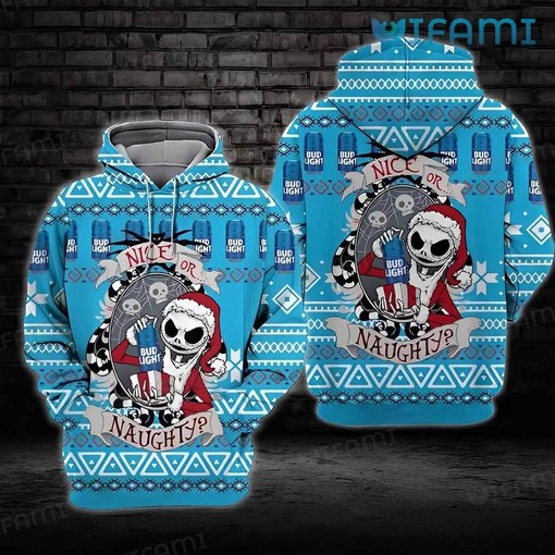Bud Light Hoodie with Jack Skellington Santa All Over Print Design for Beer Lovers