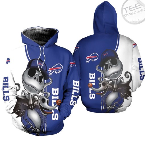 Buffalo Bills All Over Print 3D Hoodie with Jack Skellington and Zero Graphic