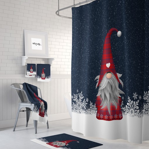 Buffalo Plaid Gnome Holiday Shower Curtain Set with Christmas Bath Mat for Seasonal Bathroom Decor - Image 2
