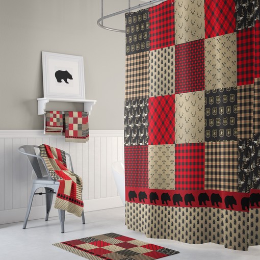 Buffalo Plaid Woodland Shower Curtain Set with Rustic Bathroom Decor for a Cozy Cabin Look