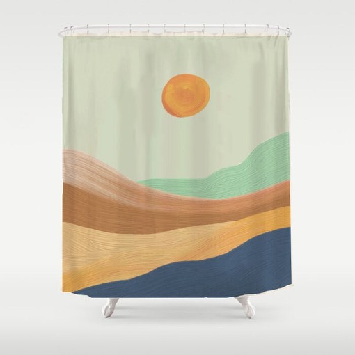 Burning Sun Wavy Field Vintage Shower Curtain, Oil Painting Style Bathroom Design, Unique Look with Customized Sizes - Image 2