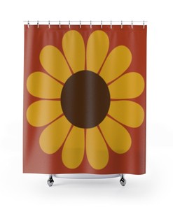 Burnt Orange Gold and Brown Retro Floral Boho Shower Curtain for Sunflower Bathroom Accessory and Flower Lovers