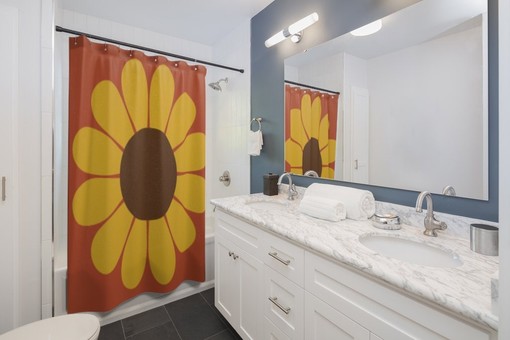 Burnt Orange Gold and Brown Retro Floral Boho Shower Curtain for Sunflower Bathroom Accessory and Flower Lovers - Image 2