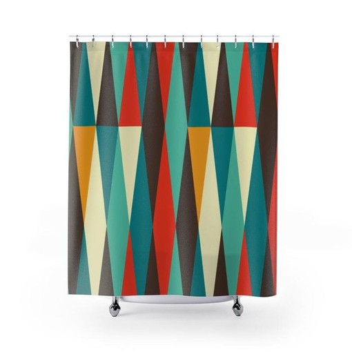 Burnt Orange Mid Century Modern Abstract Retro Shower Curtain with Teal, Brown, and Cream Accents - Image 2