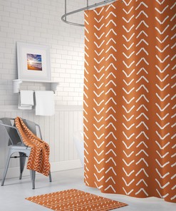 Burnt Orange Mudcloth Shower Curtain - Modern Rustic Bathroom Decor with Boho Flair