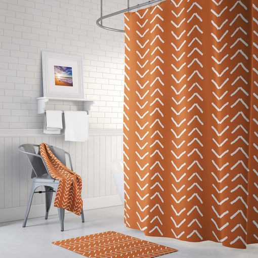 Burnt Orange Mudcloth Shower Curtain - Modern Rustic Bathroom Decor with Boho Flair
