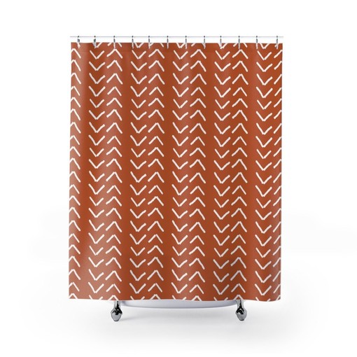 Burnt Orange Mudcloth Shower Curtain - Modern Rustic Bathroom Decor with Boho Flair - Image 2