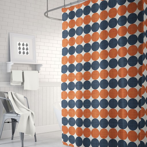 Burnt Orange Navy Polka Dot Shower Curtain | Designer Bathroom Decor | Luxury Bath Curtains - Image 2
