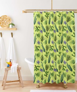 Cactus Desert Shower Curtain, Customizable Size, Purple Flowers and Leaves Print