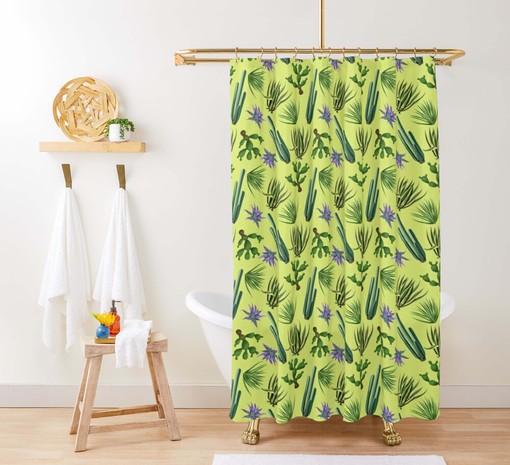Cactus Desert Shower Curtain, Customizable Size, Purple Flowers and Leaves Print