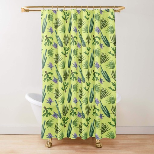 Cactus Desert Shower Curtain, Customizable Size, Purple Flowers and Leaves Print - Image 2