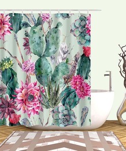 Cactus Pink Flowers Desert Plants Shower Curtain, Green Cacti Flora Theme Bathroom Curtain